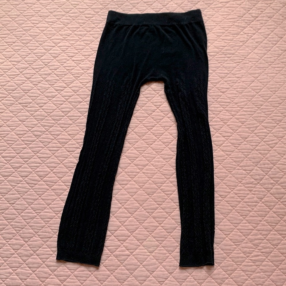 Black Footless tights - stretch leggings knit ribbed pattern - Medium